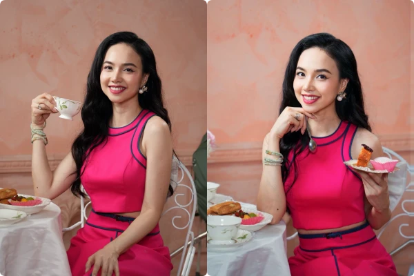 Vợ đạo diễn trăm tỷ mặc trang phục màu nổi bật đi trà chiều