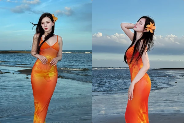 Thu Thủy diện váy cam rực rỡ, khoe vóc dáng nuột nà bên biển