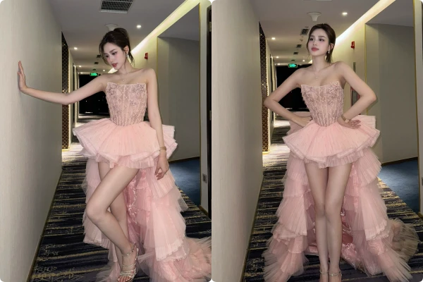 Đỗ Thị Hà khoe chân dài 1,11m với váy hồng siêu ngắn 