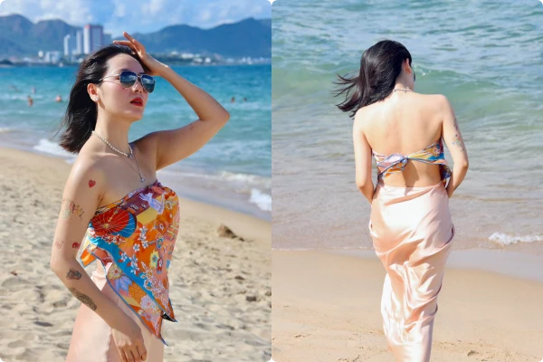 Phương Linh "đốt cháy" bãi biển với thiết kế khăn quấn ngực