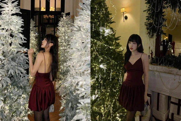 Diệu Nhi diện đầm đỏ hở lưng, gợi cảm đón Giáng sinh