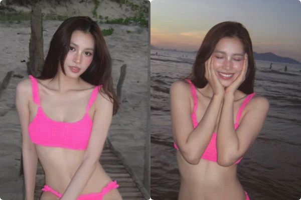 Tiểu Vy diện hai mảnh màu hồng nổi bật, khoe dáng gợi cảm