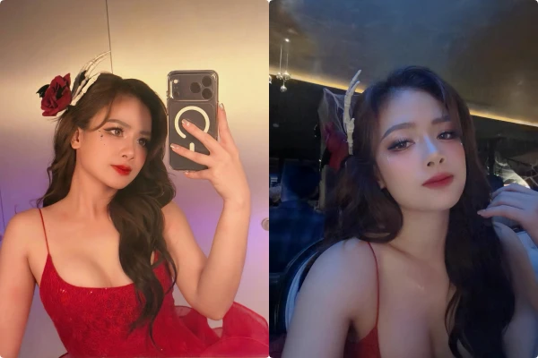 Dương Hoàng Yến để lộ thềm ngực trễ nải trong váy đỏ lấp lánh