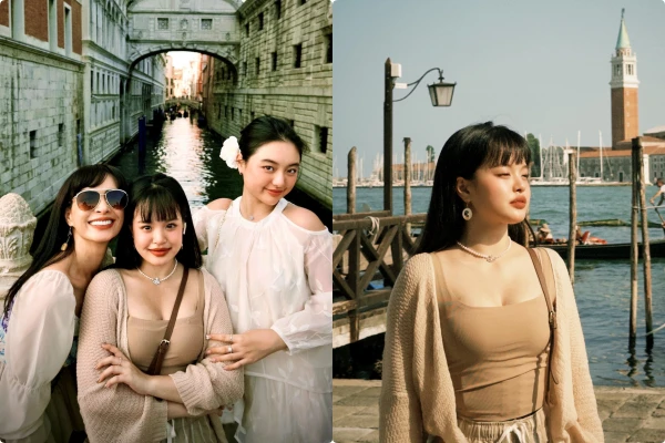 Thúy Hạnh đưa hai con du ngoạn Venice, đẹp nổi bật trời Tây