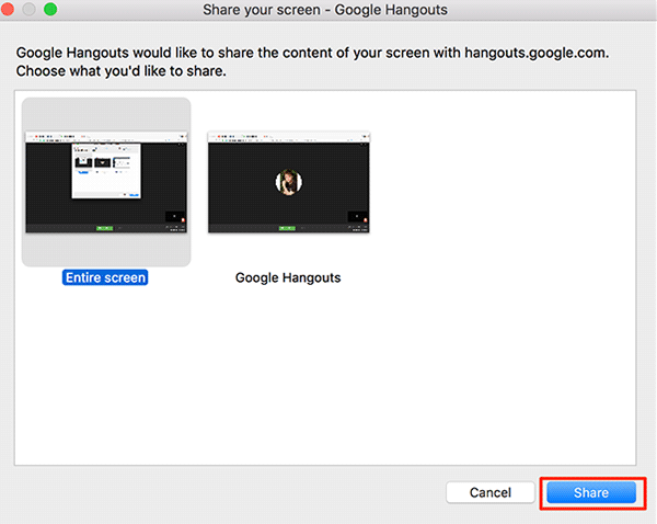 Bước 9: Bạn được hỏi muốn chia sẻ loại màn hình nào, bấm vào loại muốn chọn rồi bấm vào nút Share (chia sẻ) ở dưới cùng. Bước 9: Bạn được hỏi muốn chia sẻ loại màn hình nào, bấm vào loại muốn chọn rồi bấm vào nút Share (chia sẻ) ở dưới cùng.