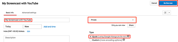 Bước 5: Trang này yêu cầu bạn nhập thông tin về sự kiện. Title (Tiêu đề) là tên của sự kiện; Privacy (quyền riêng tư), bạn chọn Public (công khai) hoặc Private (riêng tư) tùy theo mục đích của mình; Type (loại), chọn Quick (using Google Hangouts on Air). Sau khi điền xong, bấm vào Go Live now (Phát trực tiếp ngay) ở góc dưới bên phải màn hình. Bước 5: Trang này yêu cầu bạn nhập thông tin về sự kiện. Title (Tiêu đề) là tên của sự kiện; Privacy (quyền riêng tư), bạn chọn Public (công khai) hoặc Private (riêng tư) tùy theo mục đích của mình; Type (loại), chọn Quick (using Google Hangouts on Air). Sau khi điền xong, bấm vào Go Live now (Phát trực tiếp ngay) ở góc dưới bên phải màn hình.