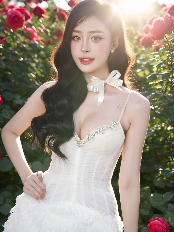 Trong những khung hình, Hồng Vy khoác lên mình chiếc váy trắng tinh khôi, thiết kế hai dây thanh mảnh cùng chi tiết đá lấp lánh ở phần ngực, khéo léo khoe trọn bờ vai thon và xương quai xanh quyến rũ. (Ảnh: Instagram @vymiu99)