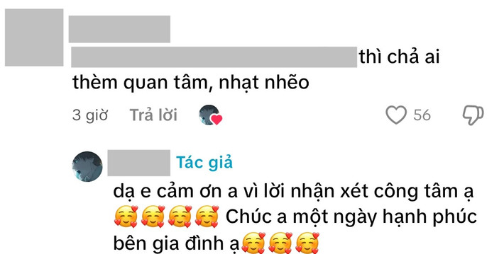 Ở dưới video được đăng tải, bên cạnh những bình luận bất ngờ vì Bi Béo giờ đã lớn, lại còn đóng tiểu phẩm đăng lên mạng... thì cũng có không ít phản ứng trái chiều về nội dung clip, cho rằng video có tiêu đề là chuyện hài nhưng chưa thực sự gây cười như kỳ vọng. Đáp lại, tài khoản TikTok của anh trai Bi Béo - Khánh Minh nhanh chóng phản hồi lại những bình luận trái chiều, cảm ơn, tiếp thu những lời góp ý từ cư dân mạng