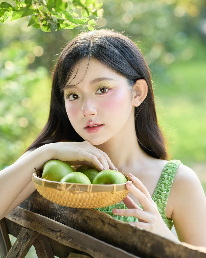 Lớp trang điểm tông hồng đào kết hợp với kiểu tóc buông dài tự nhiên càng làm nổi bật vẻ đẹp nữ tính, ngọt ngào và thuần khiết của Quỳnh Trương.