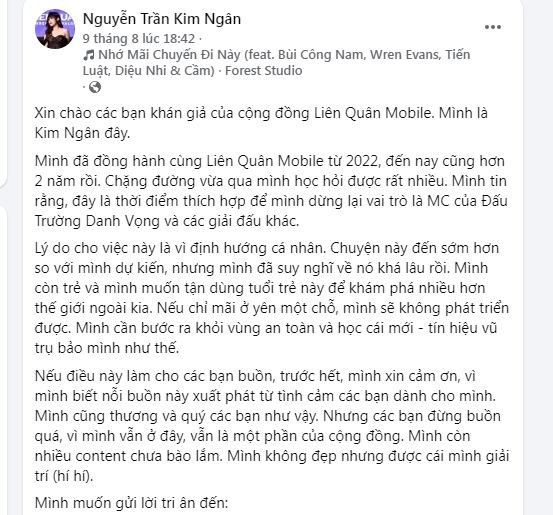 Nữ MC giãi bày trên trang cá nhân: "Lý do cho việc này là vì định hướng cá nhân. Chuyện này đến sớm hơn so với mình dự kiến, nhưng mình đã suy nghĩ về nó khá lâu rồi. Mình còn trẻ và mình muốn tận dùng tuổi trẻ này để khám phá nhiều hơn thế giới ngoài kia. Nếu chỉ mãi ở yên một chỗ, mình sẽ không phát triển được". (Ảnh: Facebook Nguyễn Trần Kim Ngân)