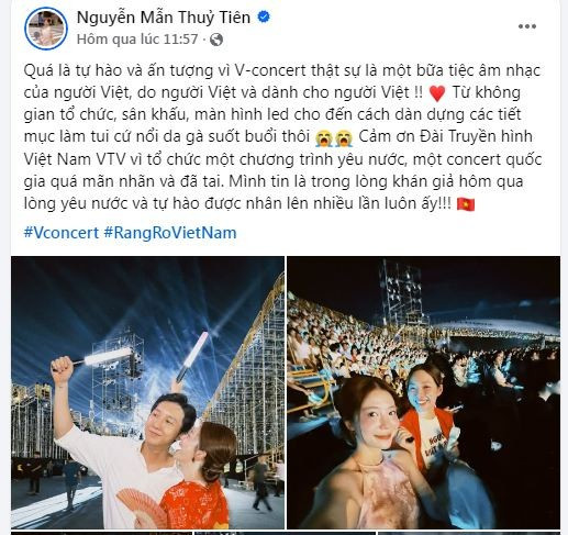 "Quá là tự hào và ấn tượng vì V-concert thật sự là một bữa tiệc âm nhạc của người Việt, do người Việt và dành cho người Việt" - trên trang cá nhân mới đây, cô nàng Mẫn Tiên không thể giấu nổi niềm xúc động mà bày tỏ, sau khi đi xem đại nhạc hội V Concert vừa qua. (Ảnh: FB Nguyễn Mẫn Thuỷ Tiên)