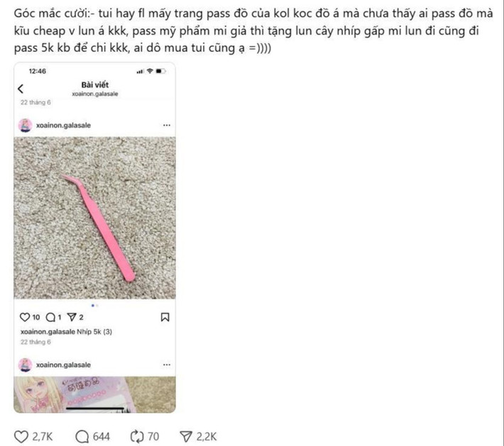 Cụ thể, một tài khoản đã đăng tải bài viết bày tỏ sự khó hiểu khi Xoài Non đăng bán cả một chiếc nhíp dùng để gắn mi giả với giá 5000 đồng: "Góc mắc cười: Tôi hay follow mấy trang pass đồ của KOL, KOC đồ á mà chưa thấy ai pass (thanh lý) đồ mà kiểu cheap (rẻ tiền) vậy luôn á. Pass mỹ phẩm, mi giả thì tặng luôn cây nhíp gắp mi luôn đi, pass 5k không biết để làm chi, ai vô mua tôi cũng ạ".