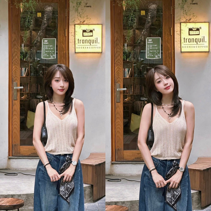 Một set đồ khác cũng thể hiện rõ gu thẩm mỹ của Hà Kim là sự kết hợp giữa áo hai dây dệt kim màu be và quần jeans ống rộng. (Ảnh: Facebook Hà Kim)