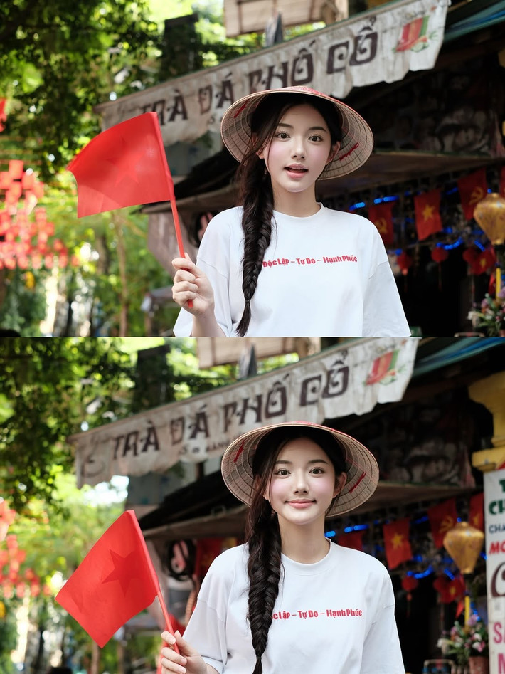 Quỳnh Trương mang đến phong cách năng động, trẻ trung khi kết hợp chiếc áo phông trắng in dòng chữ "Độc Lập - Tự Do - Hạnh Phúc" với quần đen ống rộng. (Ảnh: @_ttqueen)