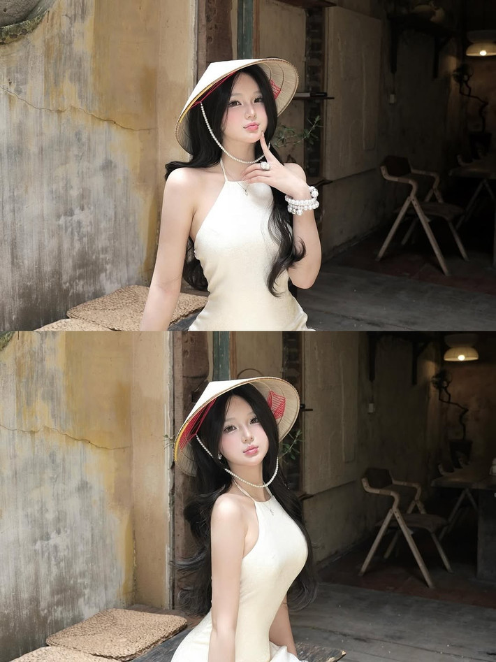 Nguyễn Hạnh xuất hiện như một "nàng thơ" giữa bối cảnh kiến trúc mang đậm hơi thở xưa cũ, với những bức tường gạch nhuốm màu thời gian và đồ vật trang trí cổ điển. (Ảnh: IGNV)
