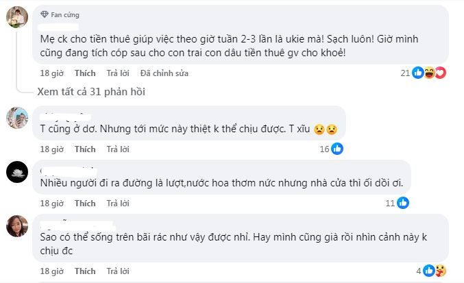 Nhiều người bình luận rằng đây là minh chứng hoàn hảo cho câu "nồi nào úp vung nấy", bởi cả hai vợ chồng đều không có ý thức trong việc duy trì một không gian sống tối thiểu là sạch sẽ, gọn gàng. Không ít người còn hài hước cho rằng người mẹ trong câu chuyện rất may mắn... vì không phải sống chung với gia đình con trai.