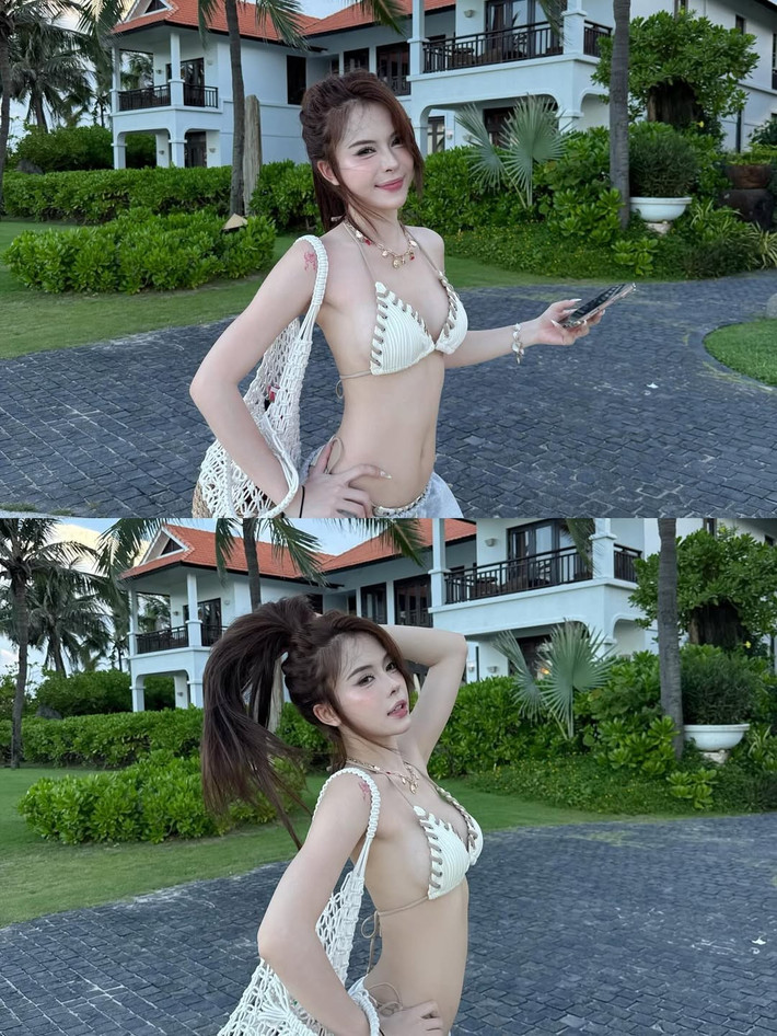 Điều đặc biệt là thay vì diện quần bikini thông thường, Ngân Hà lại lựa chọn chiếc quần jogger thể thao màu xám, tạo nên sự đối lập thú vị giữa nét năng động và vẻ gợi cảm.