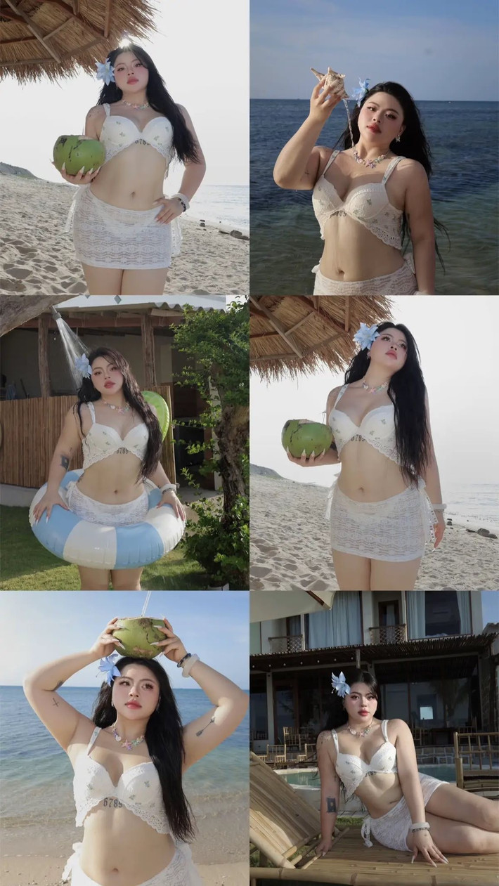 Dù là bikini họa tiết hoa trắng trên nền hồng tím hay bikini trắng ngà tinh tế, Cố Hữu Vi luôn kết hợp chúng với chân váy hoặc quần lưới đồng điệu. Điều này không chỉ giúp che bớt phần đùi hay hông mà còn tạo sự liên kết cho tổng thể trang phục.