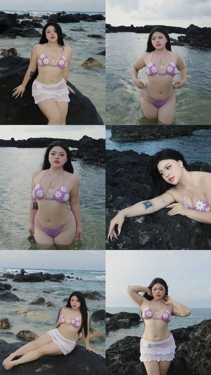 Trong một set đồ, Cố Hữu Vi diện bộ bikini đan móc màu tím nhạt với họa tiết hoa trắng nổi bật, kết hợp cùng chân váy ngắn dáng lưới màu trắng. Chất liệu đan móc và lưới không chỉ mang lại vẻ đẹp bay bổng, mềm mại mà còn tạo sự thông thoáng, thoải mái khi ở biển.
