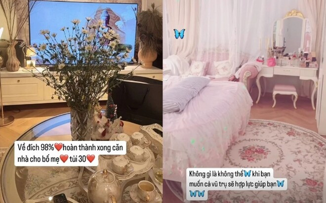 Cô từng sửa sang lại nhà cho bố mẹ tại quê nhà Thái Bình với phong cách pastel ngọt ngào, đậm chất tiểu thư. Căn nhà được đồn đoán trị giá tiền tỷ với cách thiết kế chỉn chu, chăm chút đến từng chi tiết.