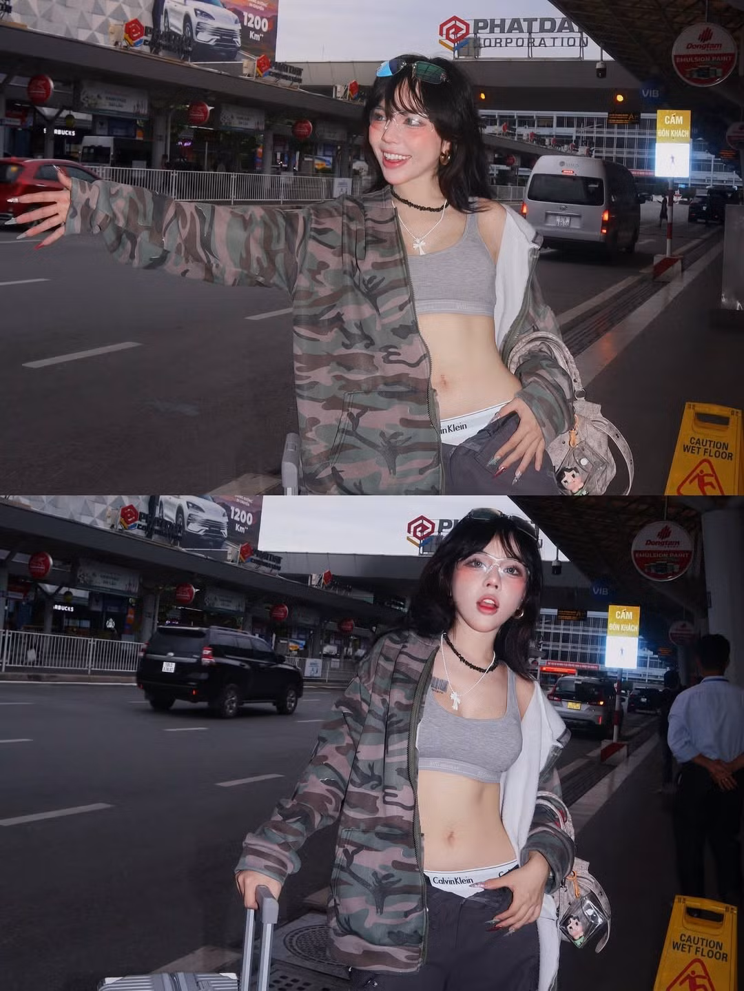 Bảo Khuyên Susan còn khéo léo phối hợp các phụ kiện như kính râm thời thượng, vòng cổ choker và đặc biệt là chiếc vòng cổ có mặt hình chữ thập, mang đến vẻ ngoài cá tính và một chút nổi loạn.