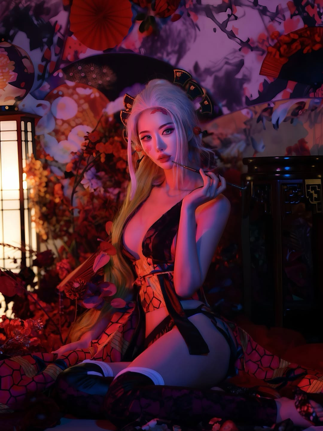 Bối cảnh chụp cũng được dàn dựng công phu với tông màu đỏ rực, tái hiện không khí ma mị và cổ kính đậm chất Nhật Bản. (Ảnh: IGNV)