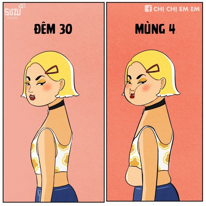 Chỉ trong vỏn vẹn từ đêm 30 đến mùng 4, phép màu đã xảy ra: chiếc bụng phẳng lì biến mất, thay vào đó là "bé mỡ" đáng yêu luôn chực chờ tràn ra khỏi cạp quần. Bánh chưng, thịt mỡ quả là không đùa được đâu! (Ảnh: Chị chị em em)