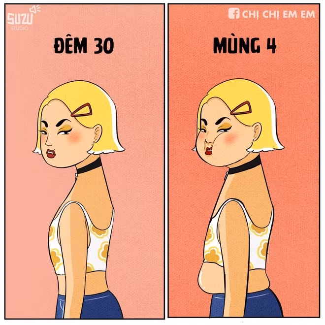 Chỉ trong vỏn vẹn từ đêm 30 đến mùng 4, phép màu đã xảy ra: chiếc bụng phẳng lì biến mất, thay vào đó là "bé mỡ" đáng yêu luôn chực chờ tràn ra khỏi cạp quần. Bánh chưng, thịt mỡ quả là không đùa được đâu! (Ảnh: Chị chị em em)