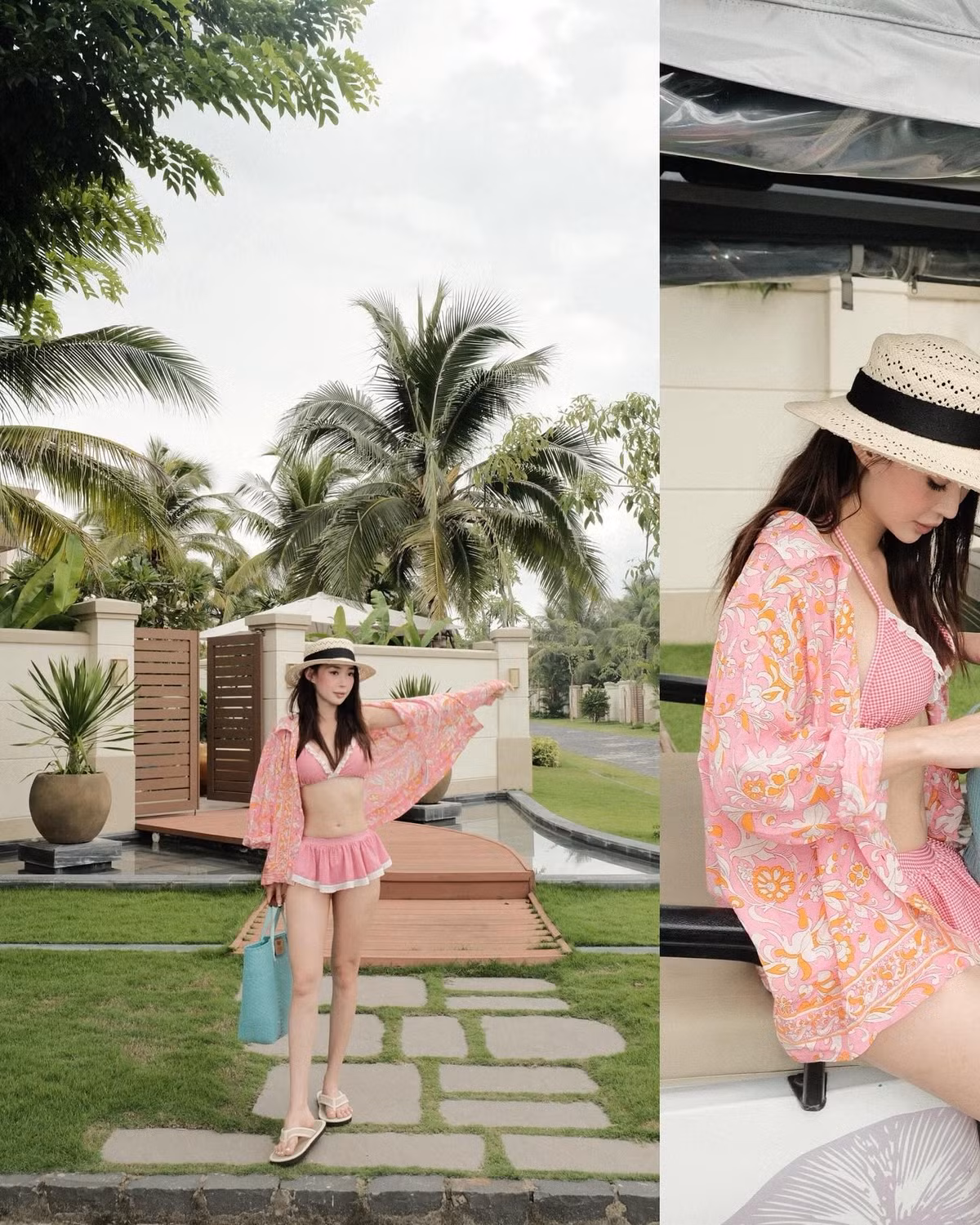 Cô tự tin tạo dáng bên bờ biển, trên ghế nghỉ hay dưới hồ bơi vô cực, cho thấy thần thái tự tin và rạng rỡ.