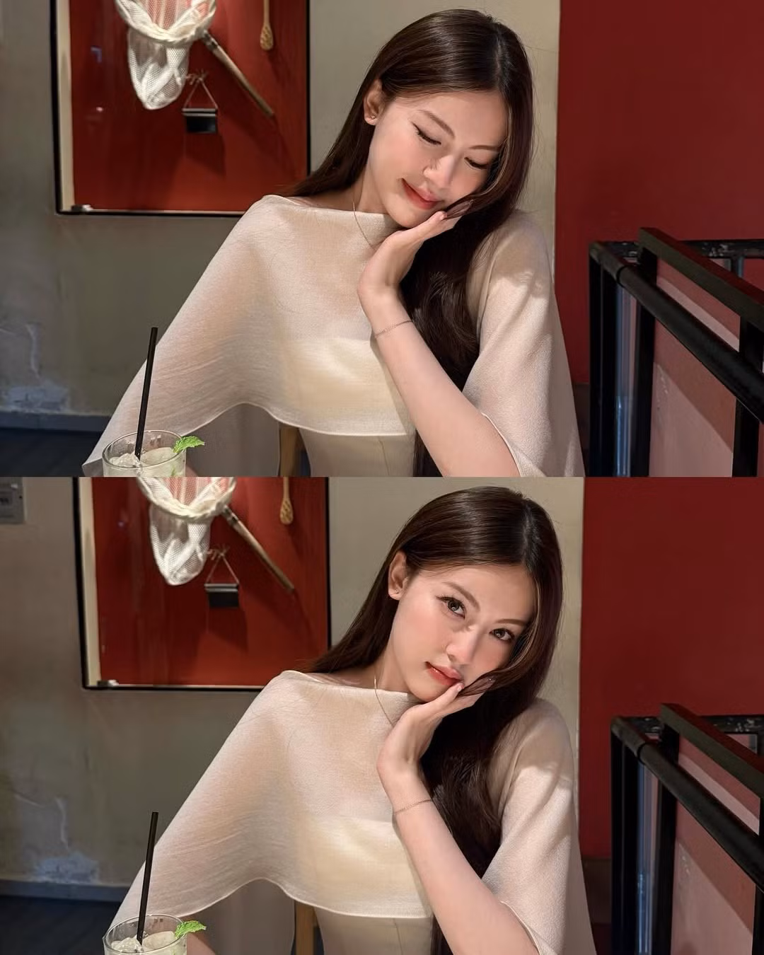 Chiếc váy với thiết kế tầng lệch nhẹ, phần cổ rộng phủ vai tạo cảm giác mềm mại, nữ tính, đồng thời khéo léo khoe phần xương quai xanh thanh tú – một chi tiết nhỏ nhưng lại làm bật lên vẻ đẹp sang trọng tự nhiên.