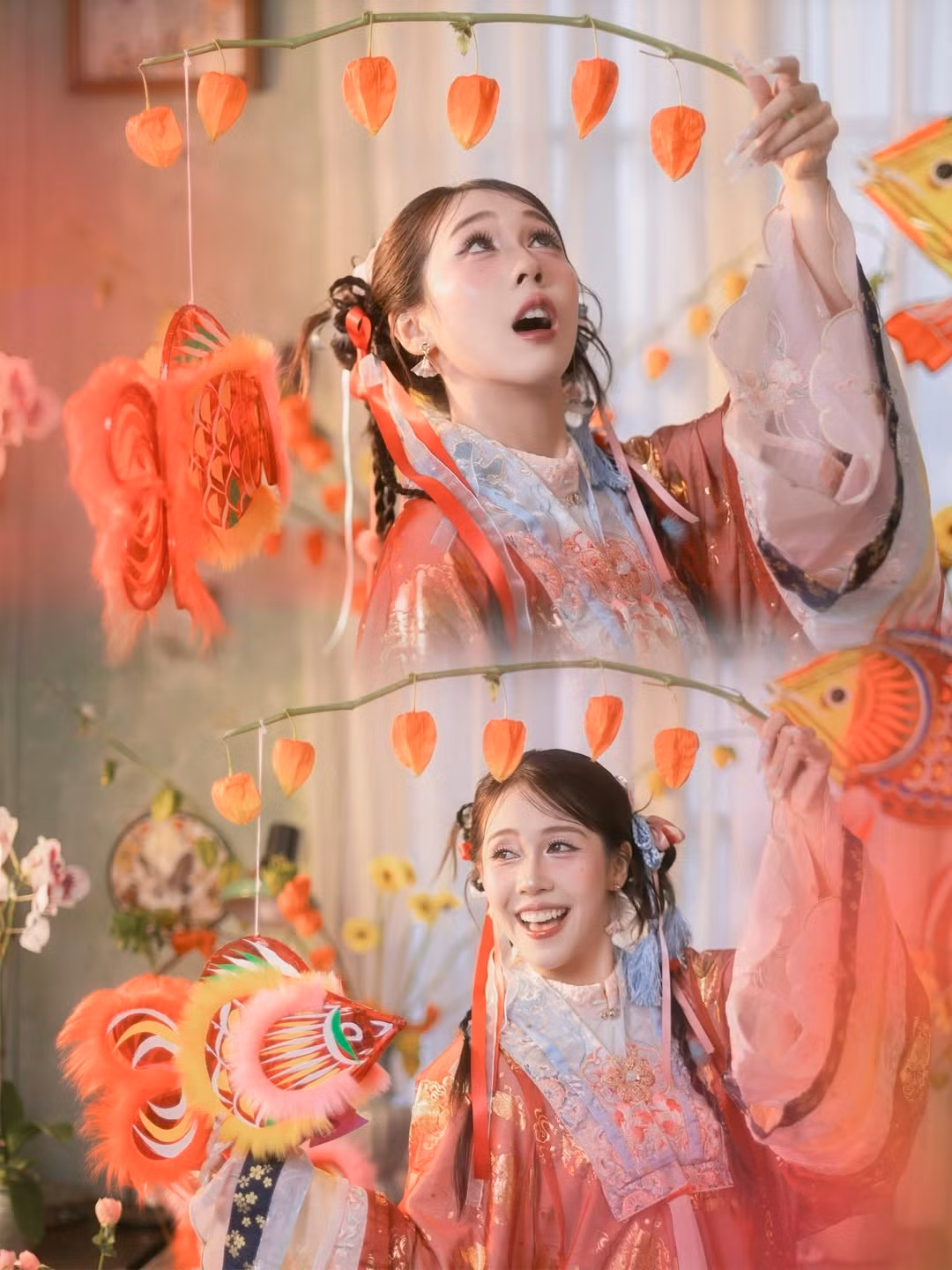 Cô diện một bộ cổ phục với chiếc áo choàng ngoài màu đỏ san hô rực rỡ, được điểm xuyết bằng họa tiết kim tuyến vàng óng ánh. (Ảnh: FBNV)