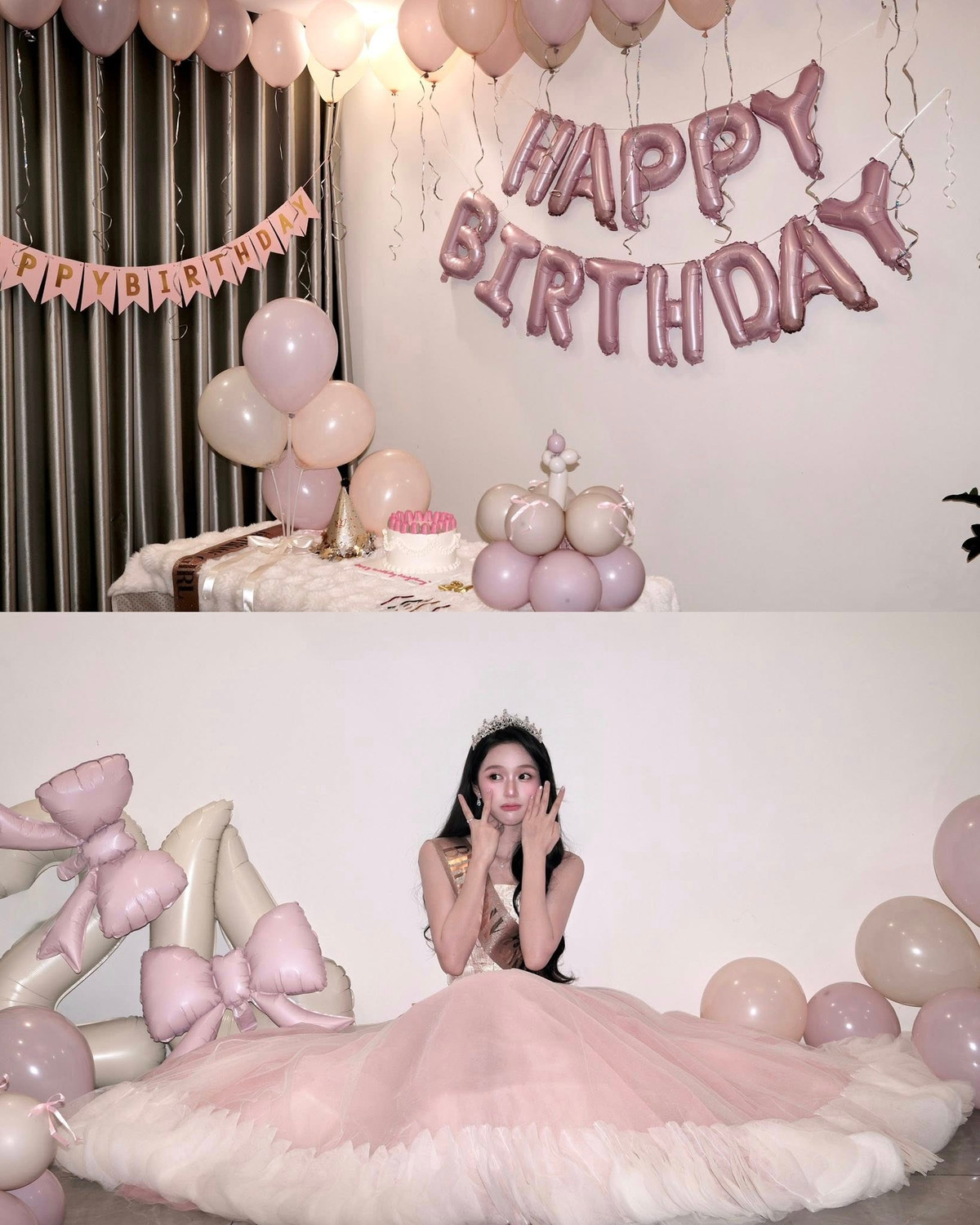 Điểm nhấn hoàn hảo cho tổng thể là chiếc vương miện lấp lánh được Karty Chang đội trên mái tóc đen dài, cùng với dải băng đeo chéo in chữ "BIRTHDAY GIRL" màu vàng đồng nổi bật, khẳng định vị thế "nhân vật chính" của buổi tiệc. (Ảnh: FBNV)