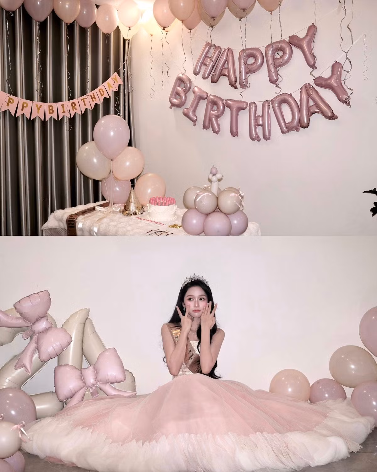 Điểm nhấn hoàn hảo cho tổng thể là chiếc vương miện lấp lánh được Karty Chang đội trên mái tóc đen dài, cùng với dải băng đeo chéo in chữ "BIRTHDAY GIRL" màu vàng đồng nổi bật, khẳng định vị thế "nhân vật chính" của buổi tiệc. (Ảnh: FBNV)