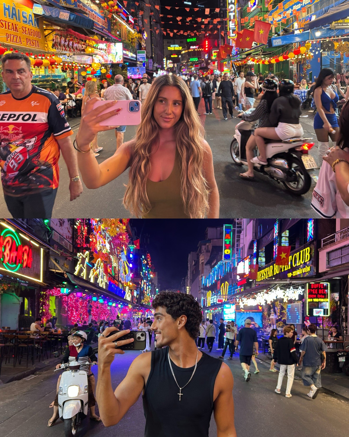 Điều khiến bộ ảnh thực sự "viral" chính là sự chỉn chu. Cô gái gây ấn tượng với vẻ đẹp ngọt ngào, mái tóc vàng bồng bềnh và những bộ cánh năng động. Trong khi đó, chàng trai lại thu hút bởi vẻ ngoài nam tính, lãng tử trong chiếc sơ mi trắng hay những bộ trang phục street-style cực chất. (Ảnh: IG @kamal_khrr)