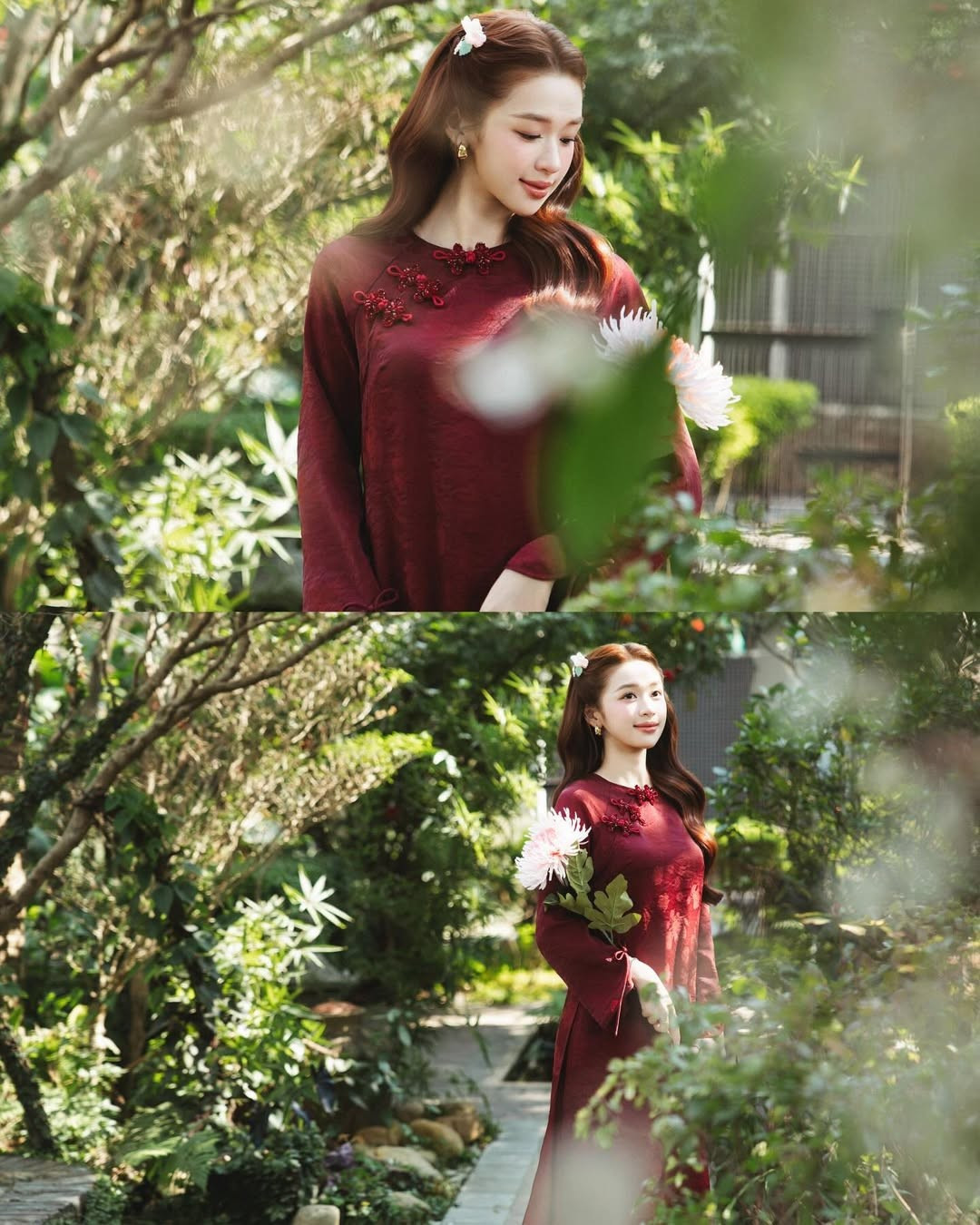 Thiết kế gây ấn tượng đặc biệt trong bộ sưu tập áo dài lần này của nàng hot girl là chiếc áo dài phom suông tông màu đỏ đô ấm áp - màu sắc không thể thiếu trong dịp Tết. (Ảnh: IGNV)