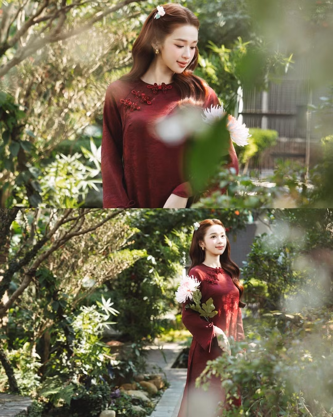 Thiết kế gây ấn tượng đặc biệt trong bộ sưu tập áo dài lần này của nàng hot girl là chiếc áo dài phom suông tông màu đỏ đô ấm áp - màu sắc không thể thiếu trong dịp Tết. (Ảnh: IGNV)