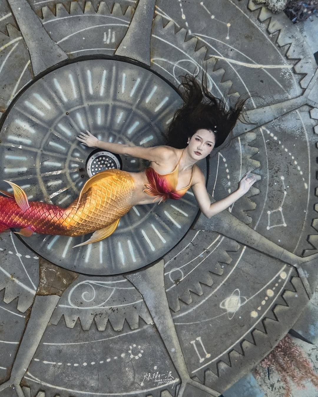 Cô không ngại ngần khoe trọn vóc dáng mảnh mai, khỏe khoắn cùng những chiếc đuôi cá sặc sỡ (như đuôi cá màu tím xanh hoặc cam đỏ rực rỡ) khi bơi lượn giữa đàn cá.