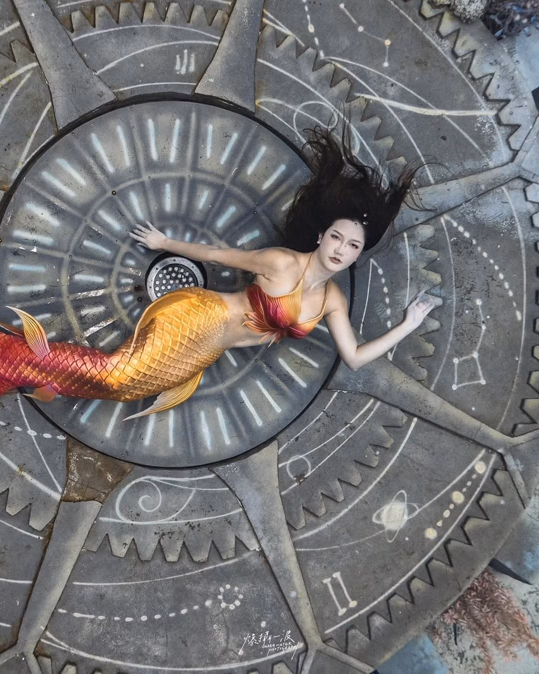 Cô không ngại ngần khoe trọn vóc dáng mảnh mai, khỏe khoắn cùng những chiếc đuôi cá sặc sỡ (như đuôi cá màu tím xanh hoặc cam đỏ rực rỡ) khi bơi lượn giữa đàn cá.