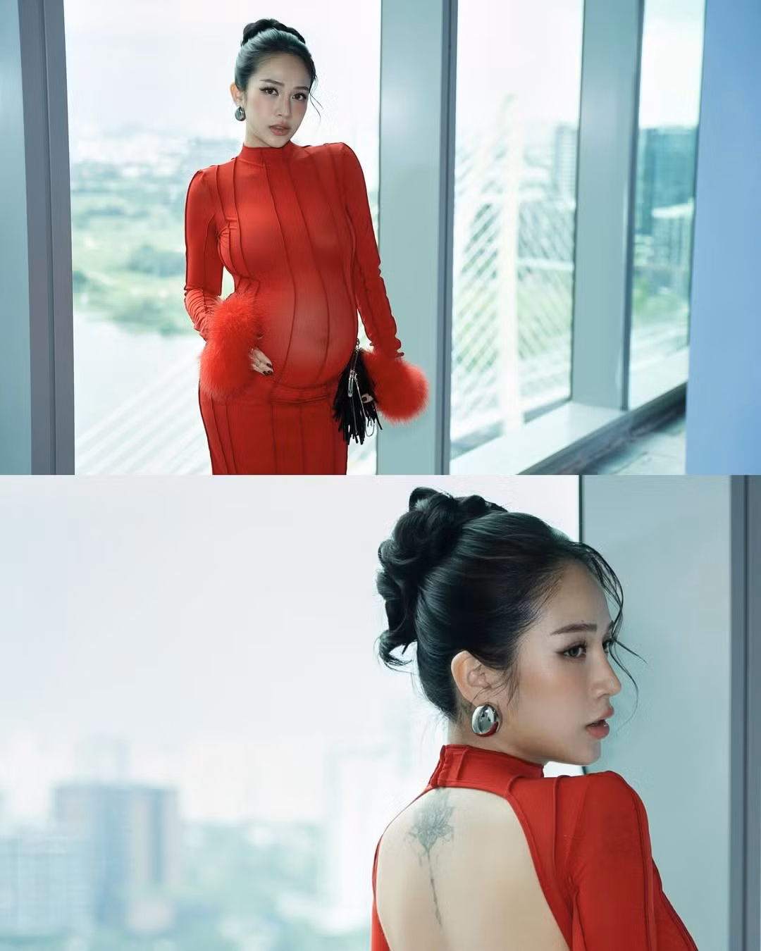 Điểm nhấn là hai chiếc bao tay lông xù cùng tông màu đỏ, mang đến vẻ sang trọng, phá cách và tạo điểm nhấn thú vị.