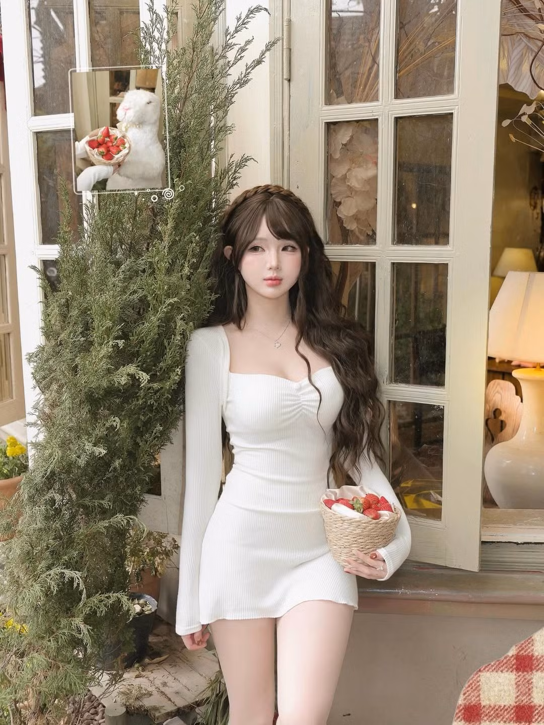 Trong bộ ảnh mới, giữa không gian mang đậm chất thơ của một khu vườn nhỏ, Nguyễn Hạnh xuất hiện tựa như một viên kẹo ngọt. Điểm nhấn xuyên suốt khung hình chính là hình ảnh cô nàng nâng niu giỏ dâu tây đỏ thắm. (Ảnh: IGNV)