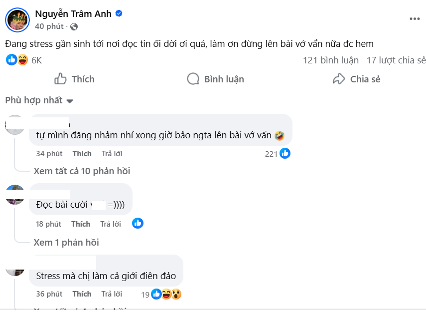 Trước những đồn đoán, mới đây trên trang cá nhân, Trâm Anh đã có bài đăng mới. Với phong cách thẳng thắn pha chút hóm hỉnh thường thấy, cô viết: "Đang stress gần sinh tới nơi đọc tin ối dời ơi quá, làm ơn đừng lên bài vớ vẩn nữa được hem". Dưới bài đăng của Trâm Anh, người hâm mộ đã nhanh chóng để lại những bình luận vừa an ủi vừa trêu chọc cặp đôi: “Tự mình đăng nhảm nhí xong giờ bảo người ta lên bài vớ vẩn (cười)”, “stress mà chị làm cả giới điên đảo".