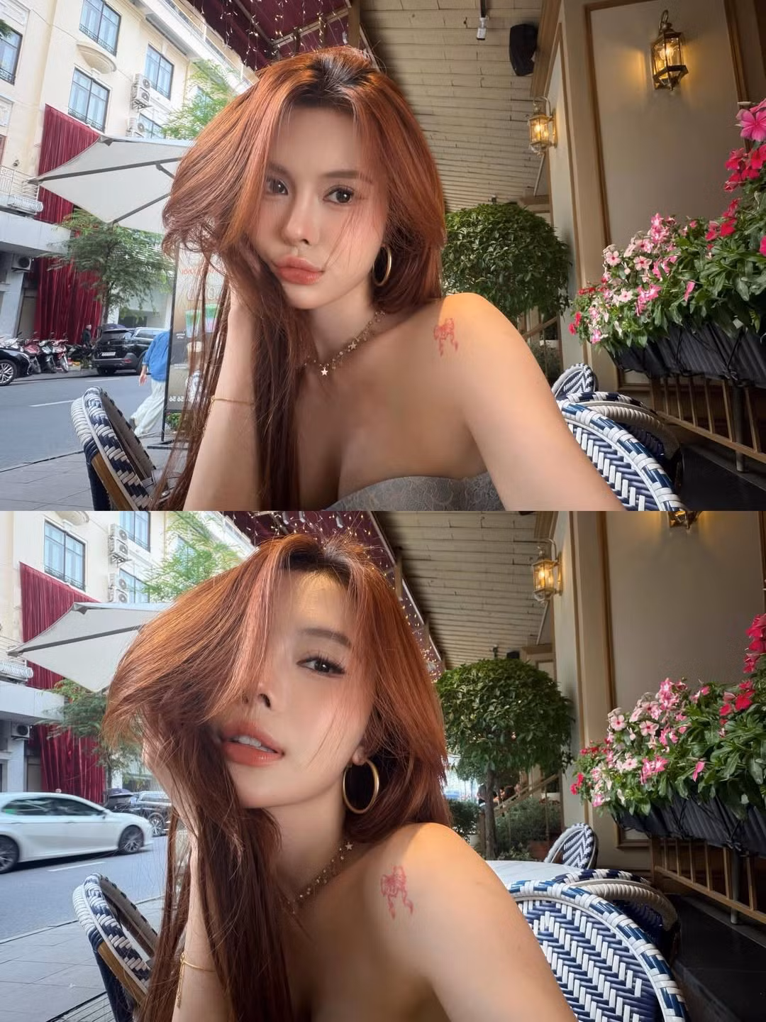 Mái tóc màu đỏ đồng rực rỡ được uốn xoăn nhẹ thả tự nhiên càng tôn lên gương mặt sắc sảo và thần thái cuốn hút của nữ TikToker. Có thể thấy, Ngân Hà rất biết cách chọn trang phục để làm nổi bật những lợi thế về hình thể, tạo nên một tổng thể vừa ngọt ngào vừa gợi cảm. (Ảnh: IGNV)