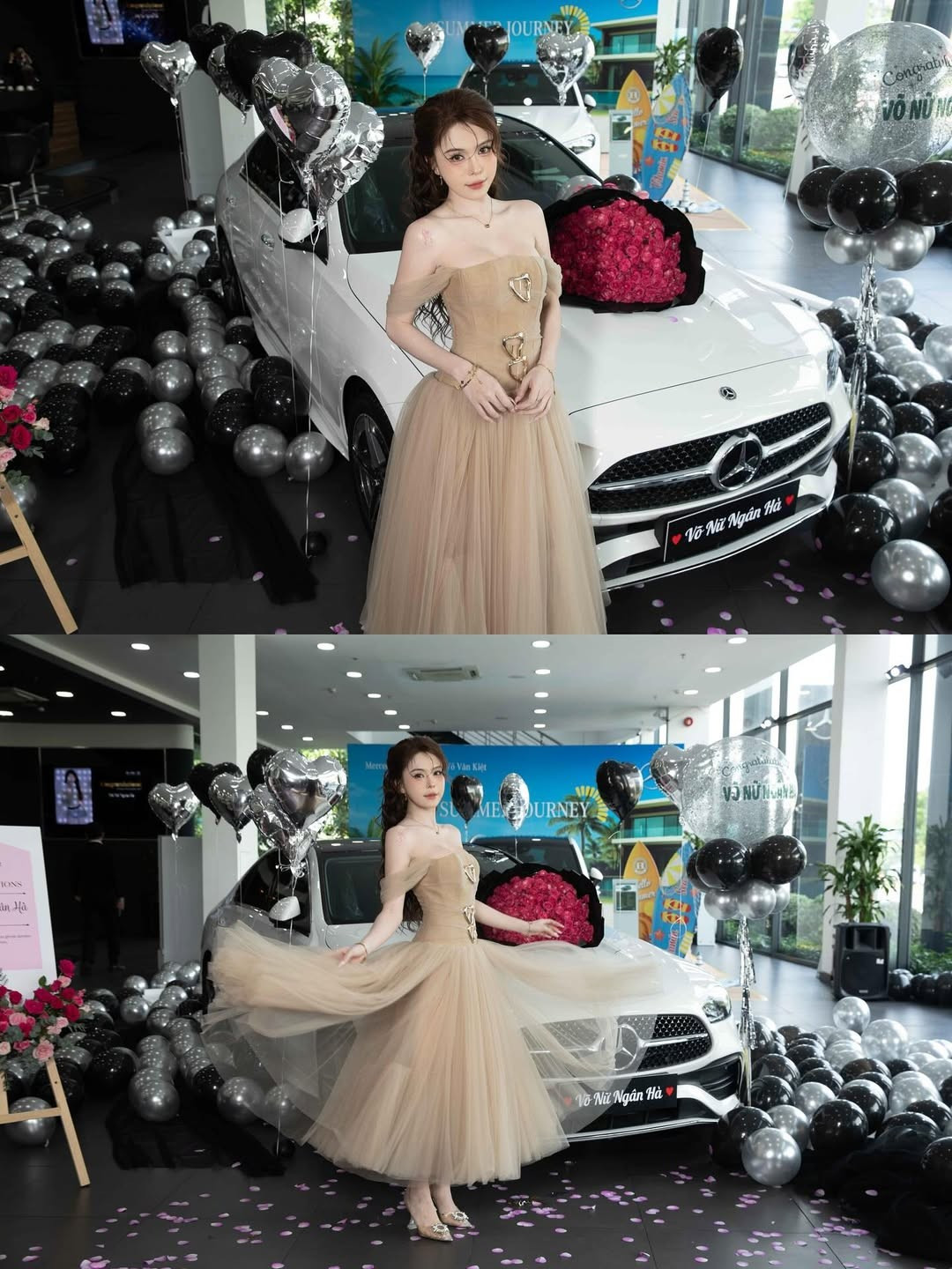 Cô nàng diện một chiếc váy màu be dáng dài, thiết kế trễ vai và có các chi tiết đính kết tinh xảo ở phần thân trên, tôn lên bờ vai thon gọn và xương quai xanh gợi cảm.