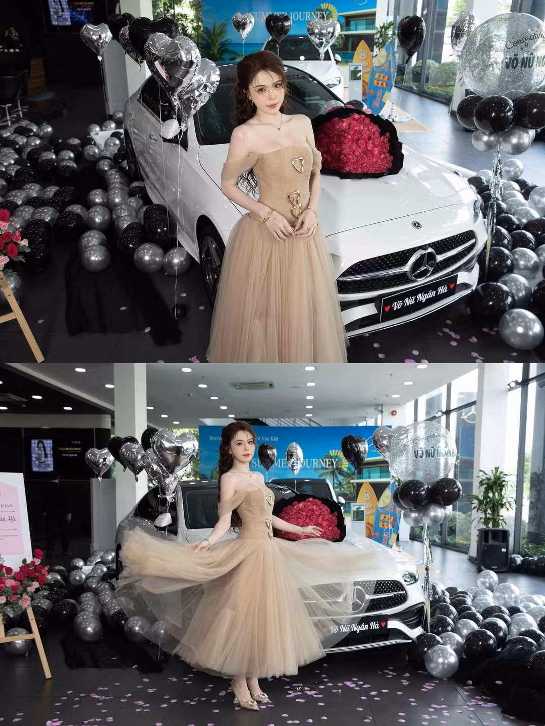 Cô nàng diện một chiếc váy màu be dáng dài, thiết kế trễ vai và có các chi tiết đính kết tinh xảo ở phần thân trên, tôn lên bờ vai thon gọn và xương quai xanh gợi cảm.