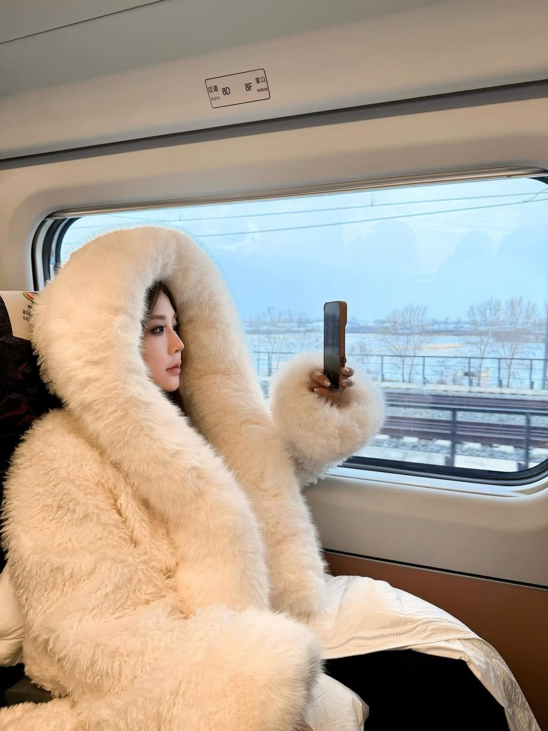 Để tăng thêm vẻ sang chảnh và "chất chơi", Trần Linh Hương khéo léo phối cùng phụ kiện mũ lông cỡ đại và kính tráng gương thời thượng. (Ảnh: IGNV)