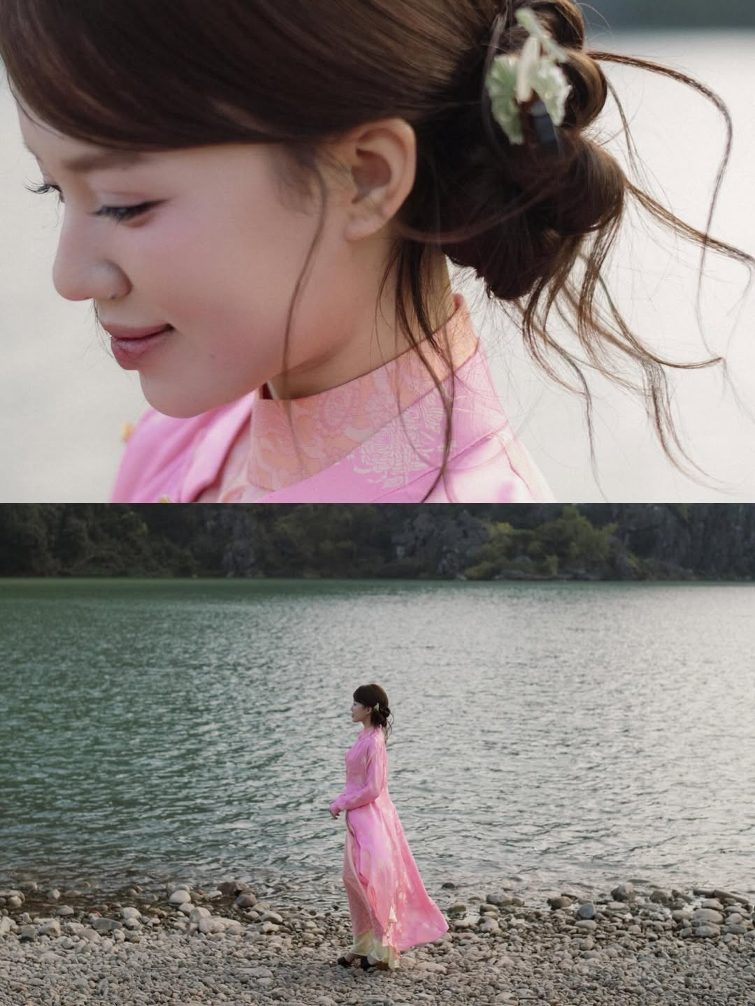 Mới đây, TikToker Mèo Trái Đất đã khiến cộng đồng mạng không khỏi xuýt xoa khi đăng tải bộ ảnh mới nhất được thực hiện tại Tràng An, Ninh Bình. Không cần những bộ cánh cầu kỳ, cô nàng chọn cho mình tà áo dài màu hồng phấn nhẹ nhàng, tinh tế, tôn lên vẻ đẹp thanh tú và trong trẻo giữa khung cảnh thiên nhiên hùng vĩ. (Ảnh: IGNV)