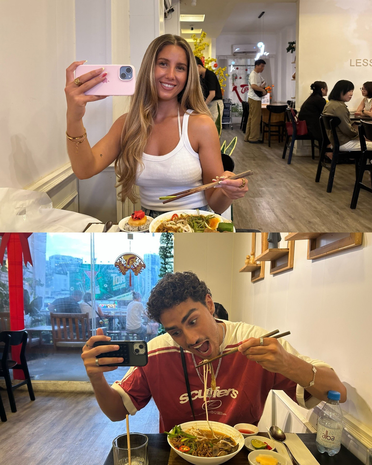 Thay vì những bức ảnh chụp chung thông thường, cặp đôi chọn cách lưu giữ kỷ niệm bằng những khung hình đơn lẻ nhưng có sự tương đồng tuyệt đối về bối cảnh. Theo đó, mỗi khung hình chính là cách cặp đôi xuất hiện trong mắt đối phương ở từng địa điểm, với những cảm xúc được ghi lại một cách tự nhiên. (Ảnh: IG @kamal_khrr)