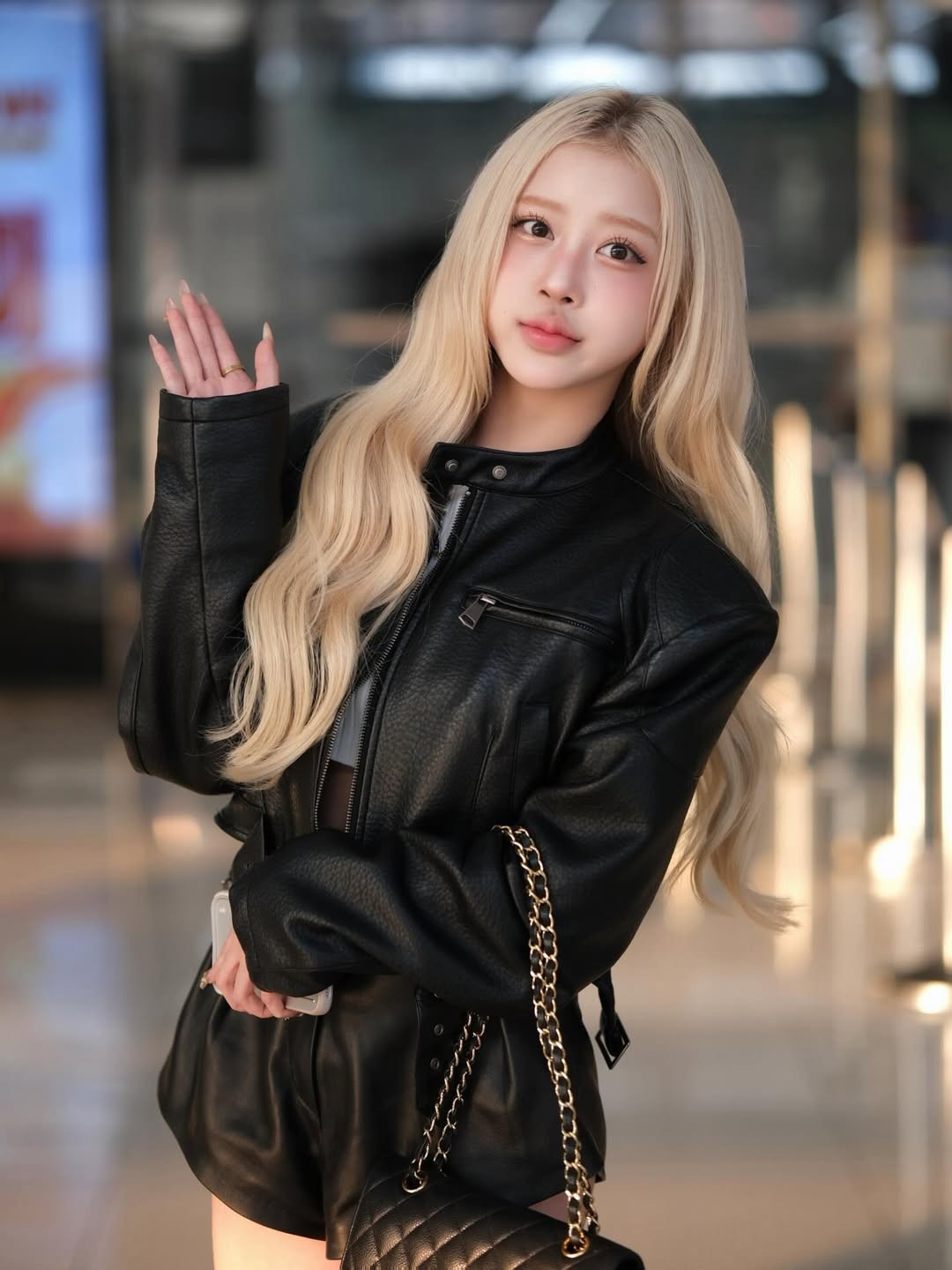 Mái tóc vàng óng ả, uốn xoăn nhẹ kết hợp với áo croptop trắng và khoác da tạo nên tổng thể "girl-crush" cực kỳ nổi bật. Cô nàng hoàn thiện set đồ bằng đôi giày bệt chunky kết hợp tất cao cổ trắng, vừa cá tính lại vừa khoe khéo đôi chân dài. (Ảnh: IGNV)