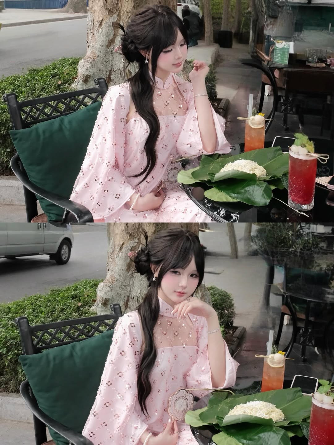 Khi khoác lên mình tà áo dài cách tân, vẻ đẹp này càng được tôn lên một cách hoàn hảo. Chiếc áo dài được làm từ chất liệu lụa mỏng nhẹ, với tông màu hồng pastel ngọt ngào làm chủ đạo. (Ảnh: IGNV)